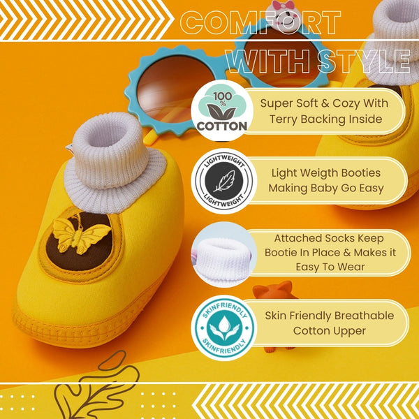 6 To 12 Months Baby Girls & Baby Boys Soft Cotton Cute Butterfly Booties (Yellow,Brown)