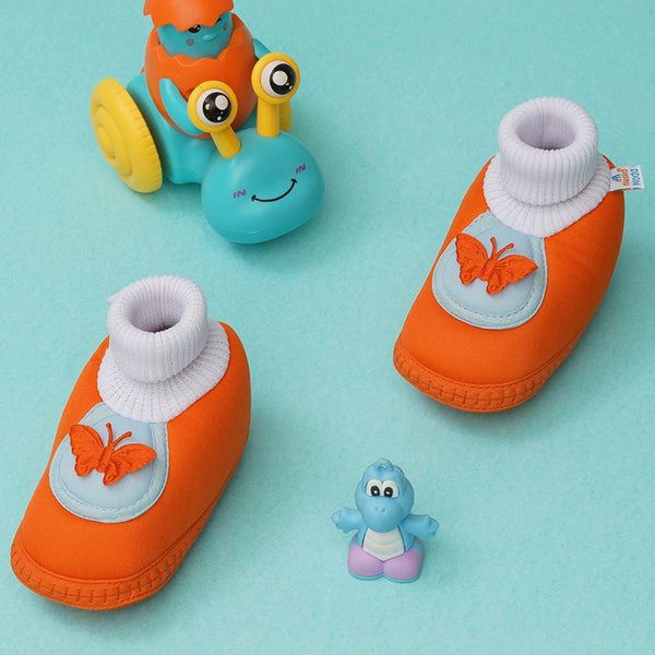 6 To 12 Months Baby Girls & Baby Boys Soft Cotton Cute Butterfly Booties (Orange,Blue)
