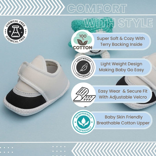 6 To 12 Months Pack Of 1 Baby Boys & Baby Girls Cotton Booties (White,Black)-BT4746