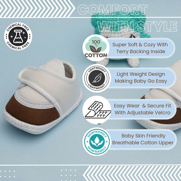 6 To 12 Months Pack Of 1 Baby Boys & Baby Girls Cotton Booties (White,Brown)-BT4751