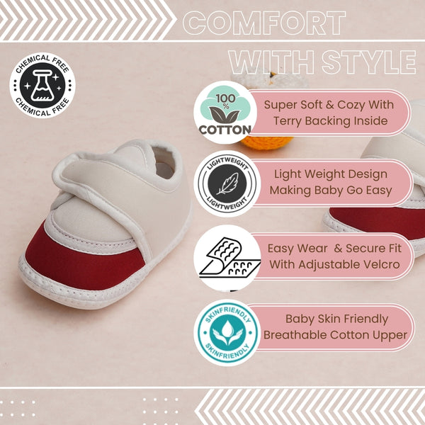 6 To 12 Months Pack Of 1 Baby Boys & Baby Girls Cotton Booties (White,Maroon)-BT4758