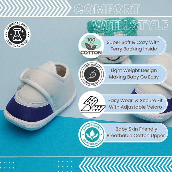 6 To 12 Months Pack Of 1 Baby Boys & Baby Girls Cotton Booties (White,Blue)-BT4763