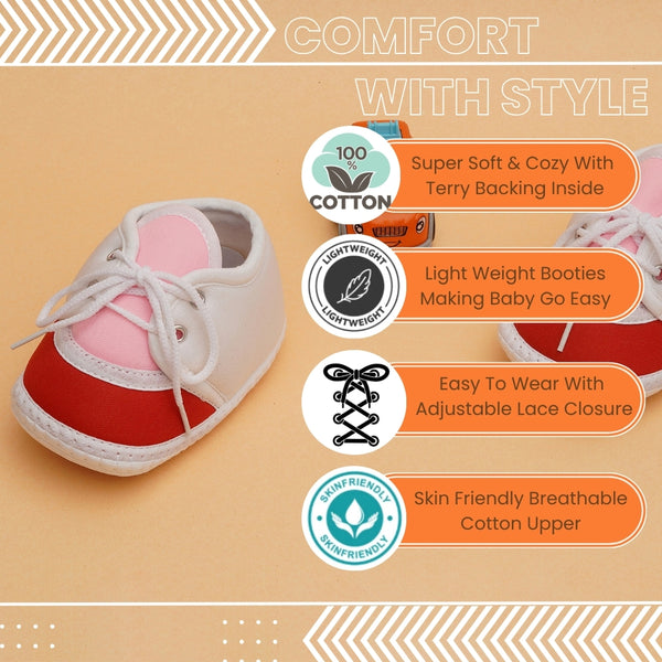 6 To 12 Months Pack Of 1 Baby Boys & Baby Girls Cotton Booties (White,Pink,Red)-BT4770