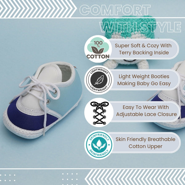 6 To 12 Months Pack Of 1 Baby Boys & Baby Girls Cotton Booties (White,Blue)-BT4774