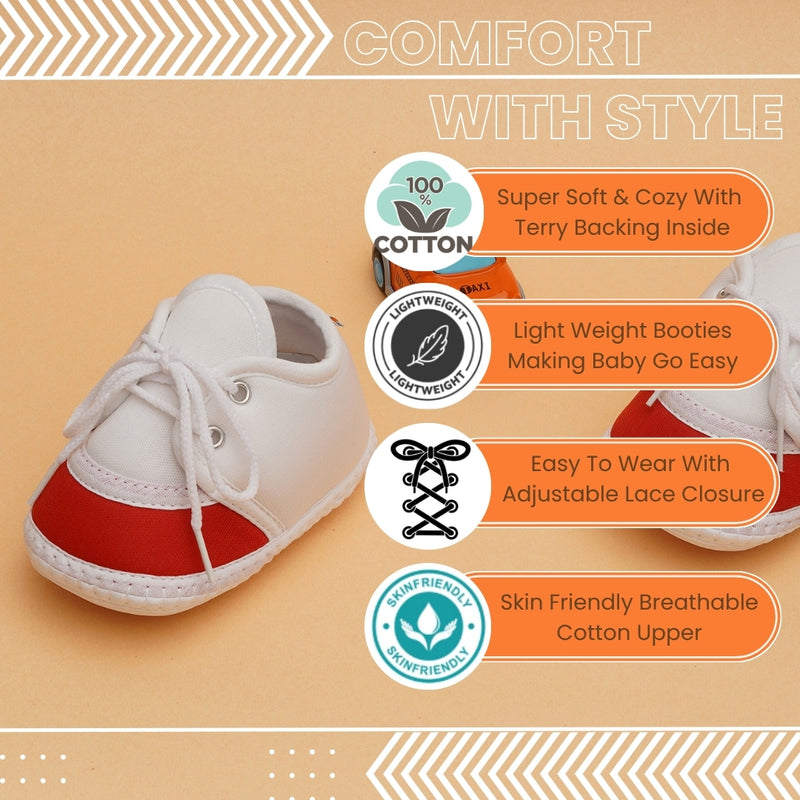 6 To 12 Months Pack Of 1 Baby Boys & Baby Girls Cotton Booties (White,Red)-BT4783