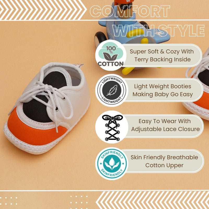 6 To 12 Months Pack Of 1 Baby Boys & Girls Cotton Booties (White,Black,Orange)-BT4790