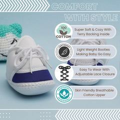 6 To 12 Months Pack Of 1 Baby Boys & Baby Girls Cotton Booties (White,Blue)-BT4794