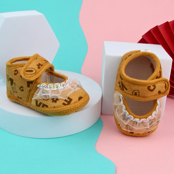 6 To 12 Months Baby Girls Velcro Cotton Shoe/Booties (White,Orange)-BT4923