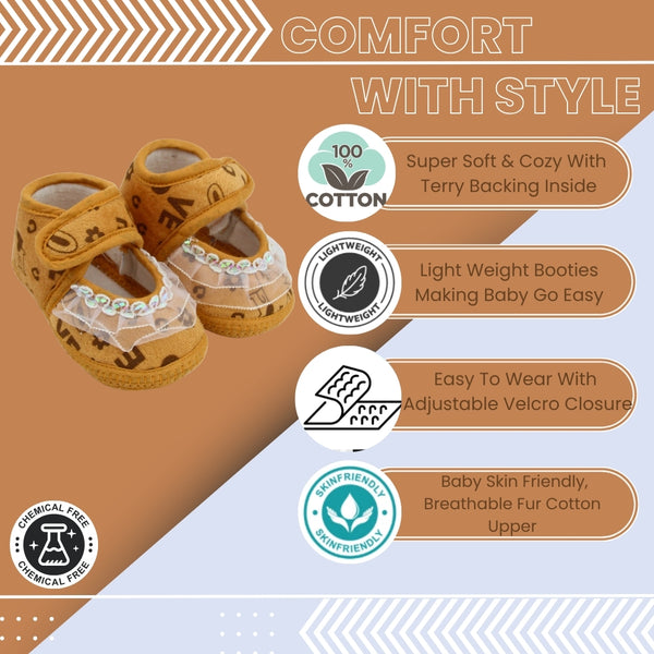 6 To 12 Months Baby Girls Velcro Cotton Shoe/Booties (White,Orange)-BT4923