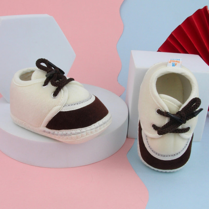 6 To 12 Months Baby Boys & Baby Girls Lace Velvet Shoe/Booties (Brown,Off White)-BT4946