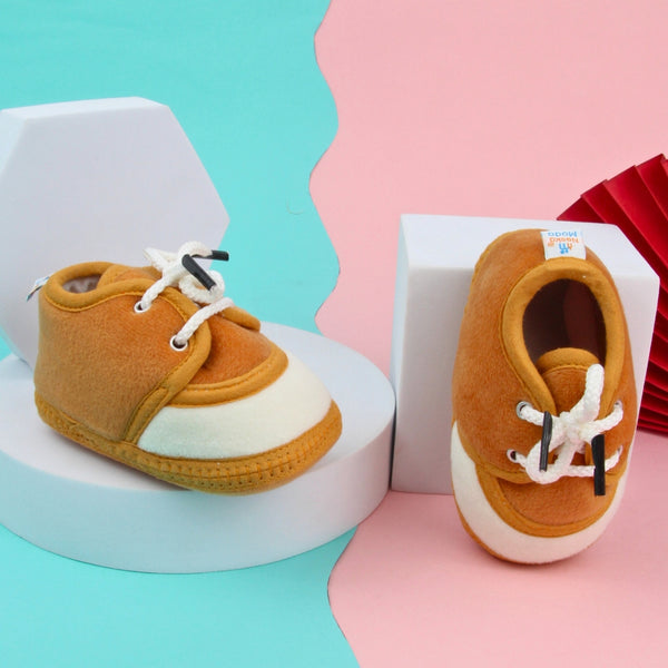 6 To 12 Months Baby Boys & Baby Girls Lace Cotton Shoe/Booties (Yellow,Brown)-BT4952