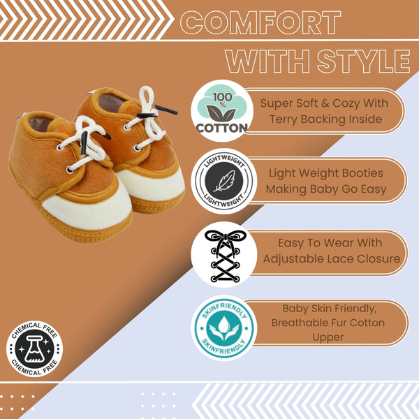 6 To 12 Months Baby Boys & Baby Girls Lace Cotton Shoe/Booties (Yellow,Brown)-BT4952