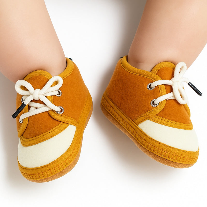 6 To 12 Months Baby Boys & Baby Girls Lace Cotton Shoe/Booties (Yellow,Brown)-BT4952