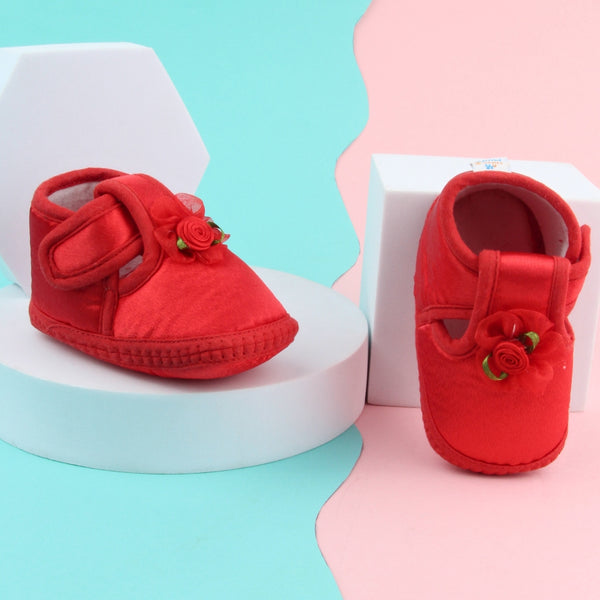 6 To 12 Months Baby Girls Satin Floral Booties (Red)-BT4991