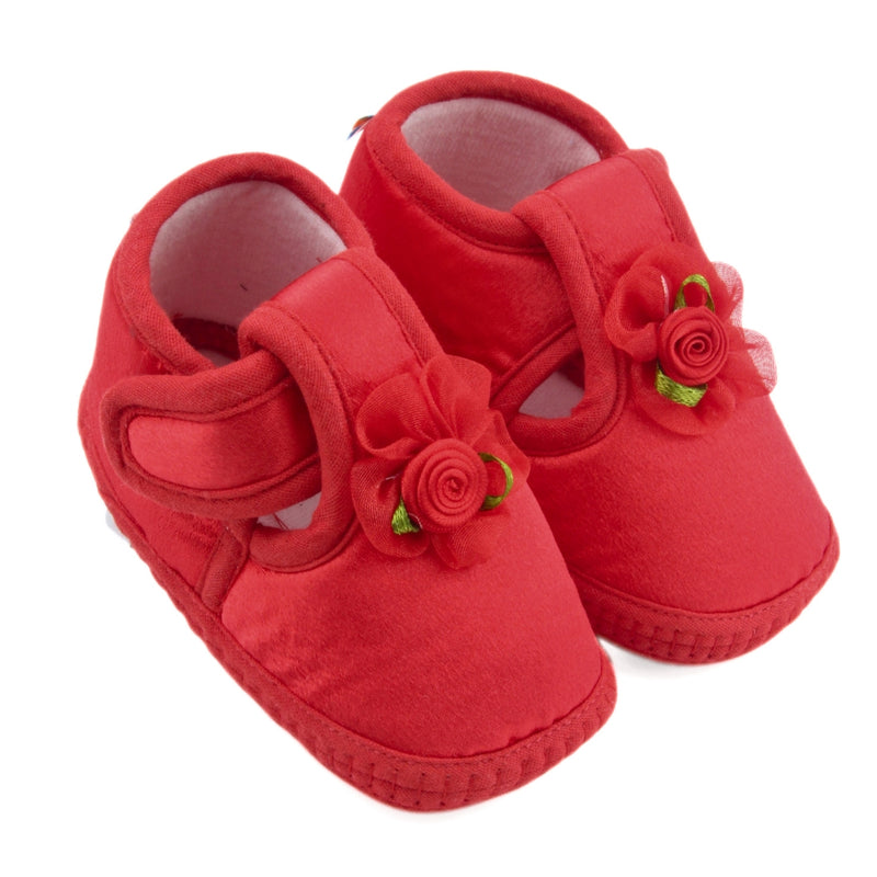 6 To 12 Months Baby Girls Satin Floral Booties (Red)-BT4991
