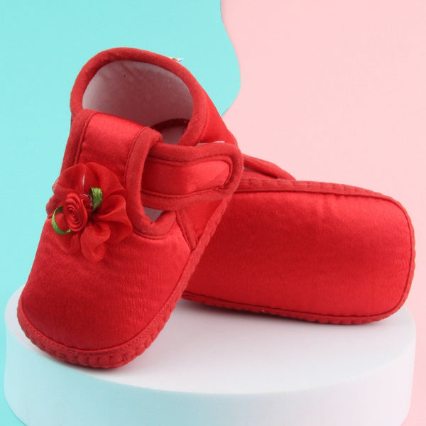 6 To 12 Months Baby Girls Satin Floral Booties (Red)-BT4991