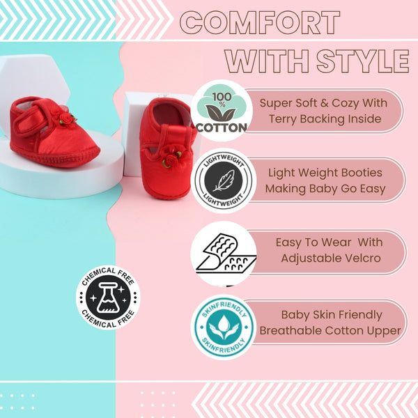 6 To 12 Months Baby Girls Satin Floral Booties (Red)-BT4991