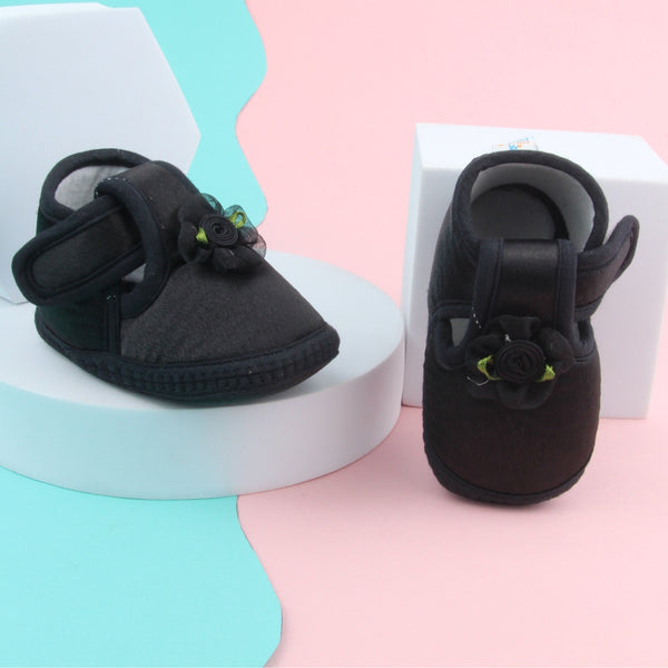 6 To 12 Months Baby Girls Satin Floral Booties (Black)-BT4992