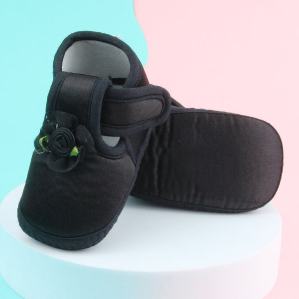 6 To 12 Months Baby Girls Satin Floral Booties (Black)-BT4992