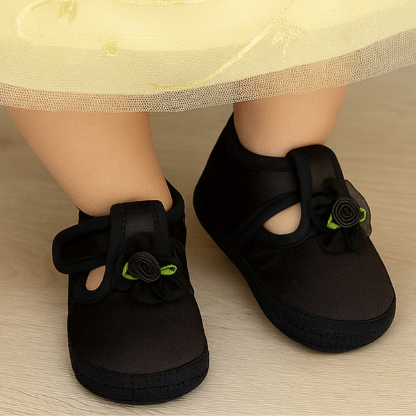 6 To 12 Months Baby Girls Satin Floral Booties (Black)-BT4992