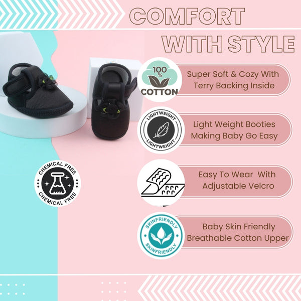 6 To 12 Months Baby Girls Satin Floral Booties (Black)-BT4992