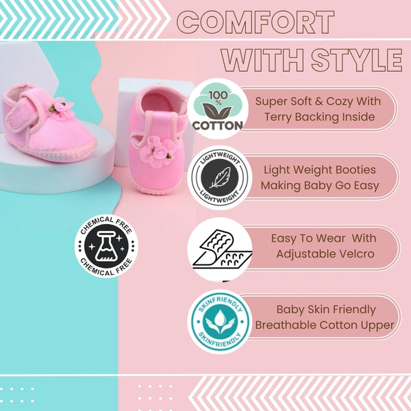6 To 12 Months Baby Girls Satin Floral Booties (Pink)-BT4993