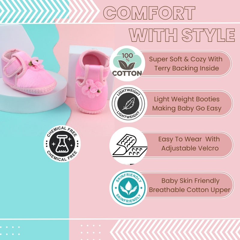 6 To 12 Months Baby Girls Satin Floral Booties (Pink)-BT4993