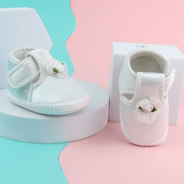 6 To 12 Months Baby Girls Satin Floral Booties (White)-BT4994