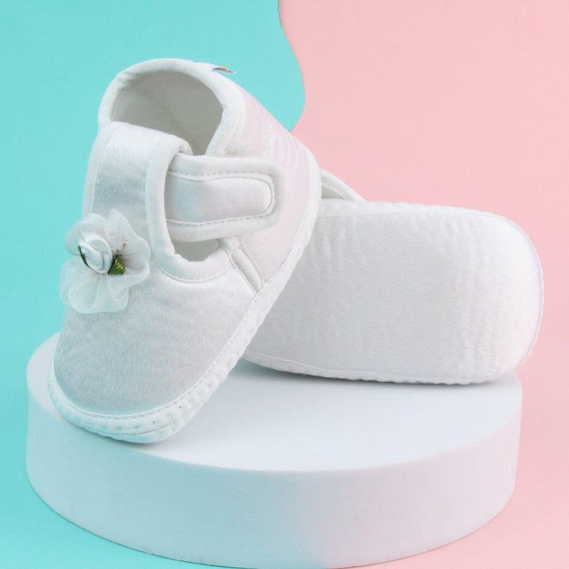 6 To 12 Months Baby Girls Satin Floral Booties (White)-BT4994