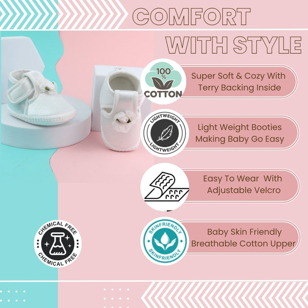 6 To 12 Months Baby Girls Satin Floral Booties (White)-BT4994