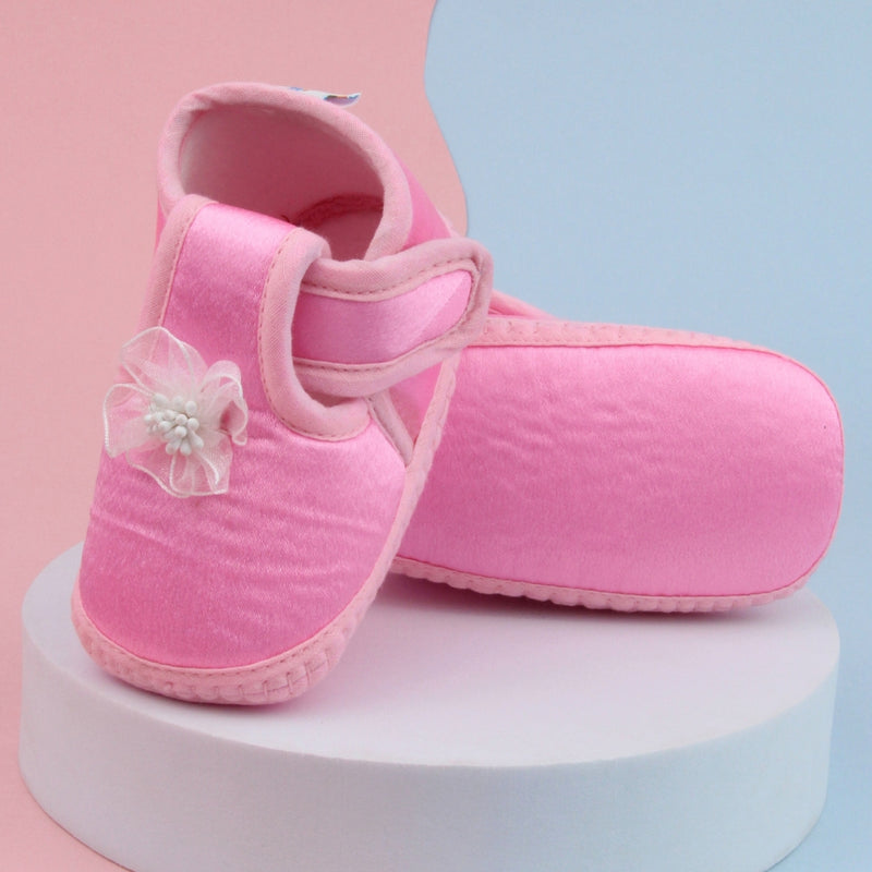 6 To 12 Months Baby Girls Satin Floral Booties (Pink)-BT4995