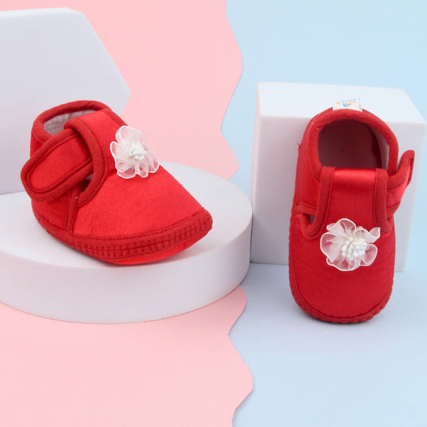 6 To 12 Months Baby Girls Satin Floral Booties (Red)-BT4996