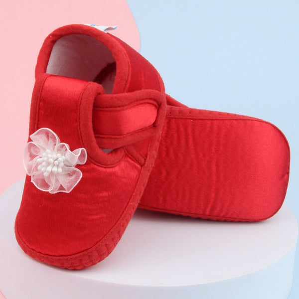 6 To 12 Months Baby Girls Satin Floral Booties (Red)-BT4996