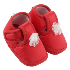 6 To 12 Months Baby Girls Satin Floral Booties (Red)-BT4996