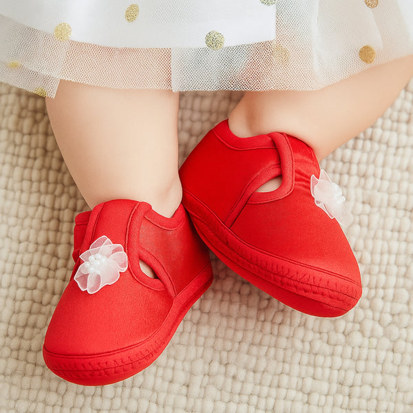 6 To 12 Months Baby Girls Satin Floral Booties (Red)-BT4996