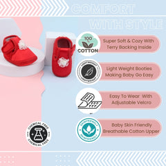 6 To 12 Months Baby Girls Satin Floral Booties (Red)-BT4996