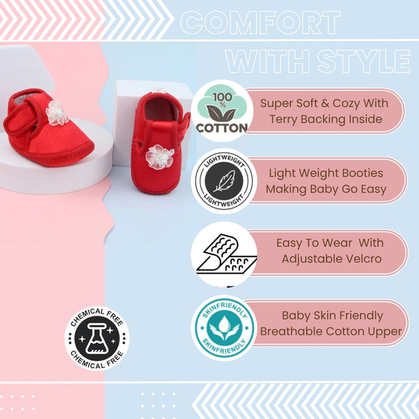 6 To 12 Months Baby Girls Satin Floral Booties (Red)-BT4996