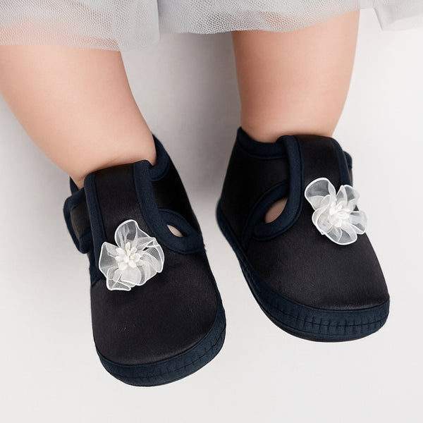 6 To 12 Months Baby Girls Satin Floral Booties (Black)-BT4997