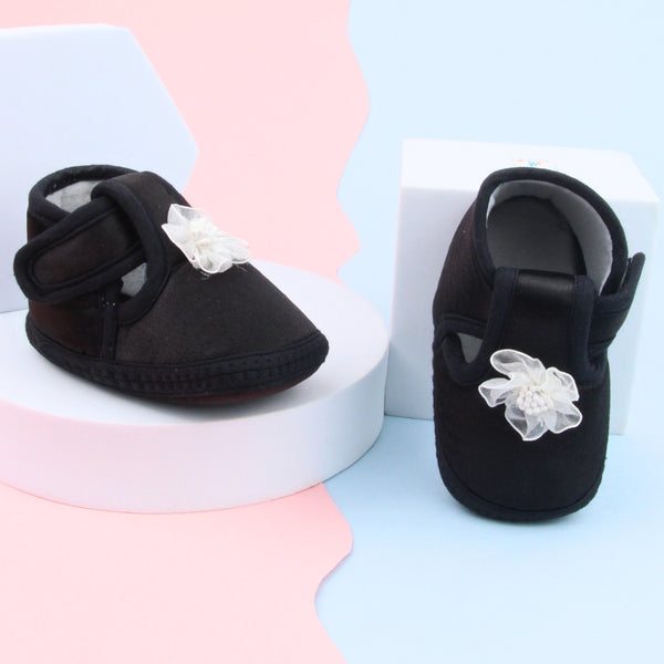 6 To 12 Months Baby Girls Satin Floral Booties (Black)-BT4997