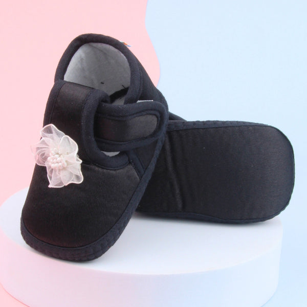 6 To 12 Months Baby Girls Satin Floral Booties (Black)-BT4997