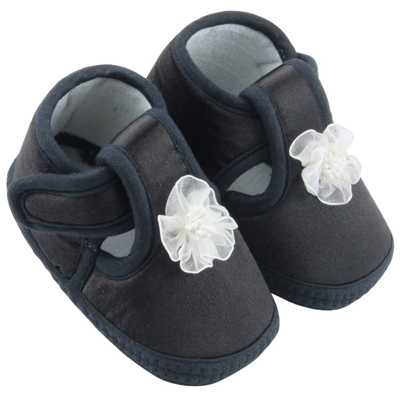 6 To 12 Months Baby Girls Satin Floral Booties (Black)-BT4997