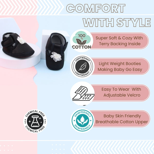 6 To 12 Months Baby Girls Satin Floral Booties (Black)-BT4997