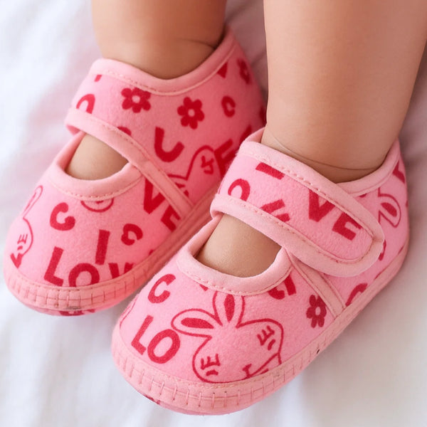 6 To 12 Months Baby Girls Velvet Printed Booties (Pink)-BT4998