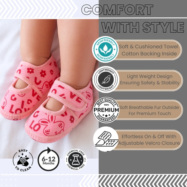 6 To 12 Months Baby Girls Velvet Printed Booties (Pink)-BT4998