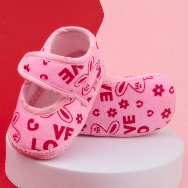 6 To 12 Months Baby Girls Velvet Printed Booties (Pink)-BT4998