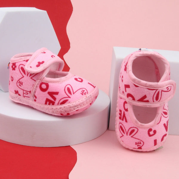 6 To 12 Months Baby Girls Velvet Printed Booties (Pink)-BT4998