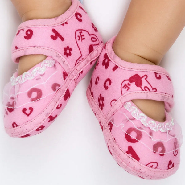6 To 12 Months Baby Girls Velvet Printed Frill Booties (Pink)-BT4999