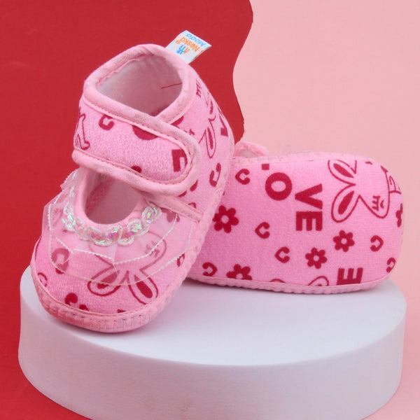 6 To 12 Months Baby Girls Velvet Printed Frill Booties (Pink)-BT4999