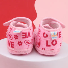 6 To 12 Months Baby Girls Velvet Printed Frill Booties (Pink)-BT4999