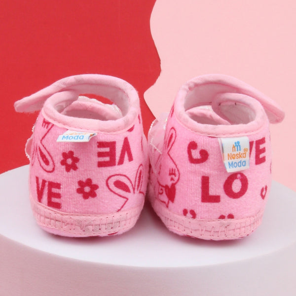6 To 12 Months Baby Girls Velvet Printed Frill Booties (Pink)-BT4999
